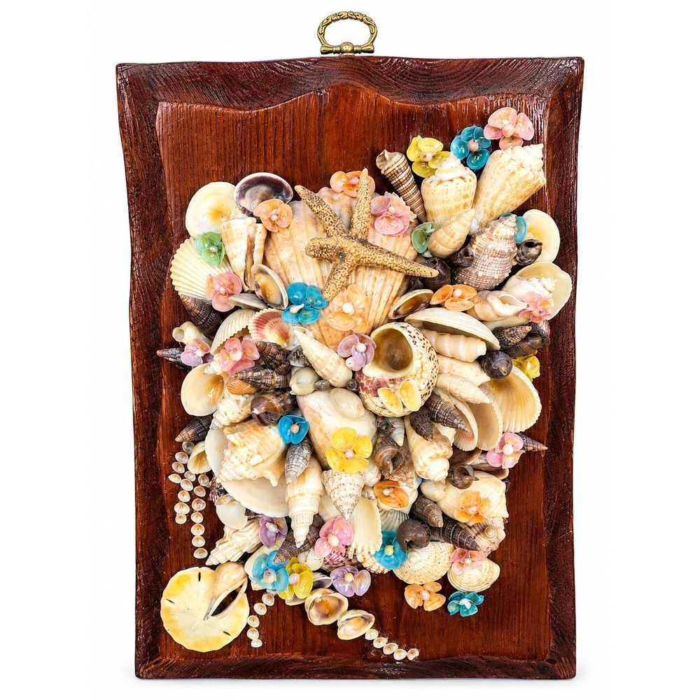 Vintage MCM Handcrafted Seashell 3D Collage Hanging Wall Art, Artist Signed HTF